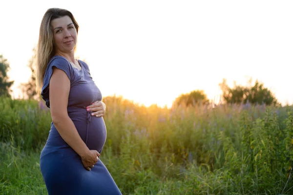 Mother Pregnancy Portrait Beautiful Brunette Pregnant Female Expecting Child Happy — Stockfoto
