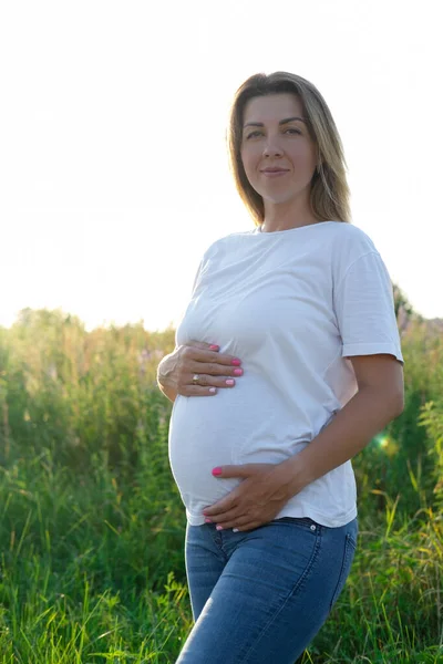 Mother Pregnancy Portrait Beautiful Brunette Pregnant Female Expecting Child Happy — Stockfoto