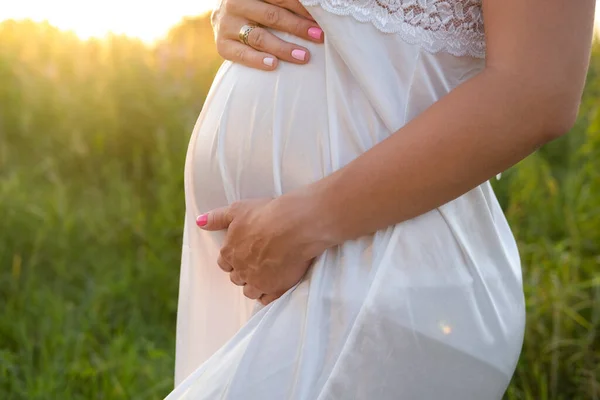 Gros Plan Ventre Enceinte Mignon Sur Fond Nature Concept Maternité — Photo