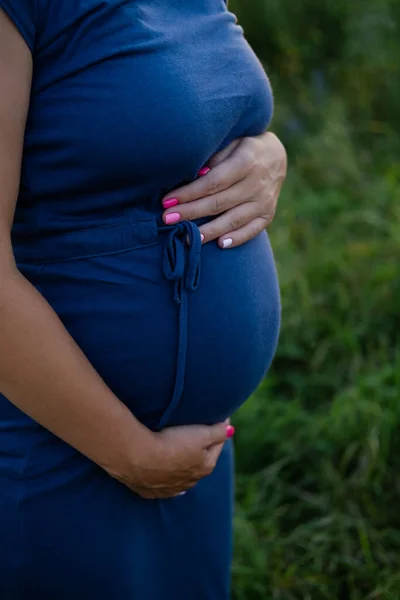 Close Cute Pregnant Tummy Nature Background Motherhood Concept — Photo