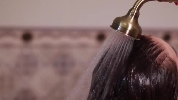 Achteraanzicht Van Jonge Brunette Vrouw Onder Douche Badkamer Gezond Lang — Stockvideo