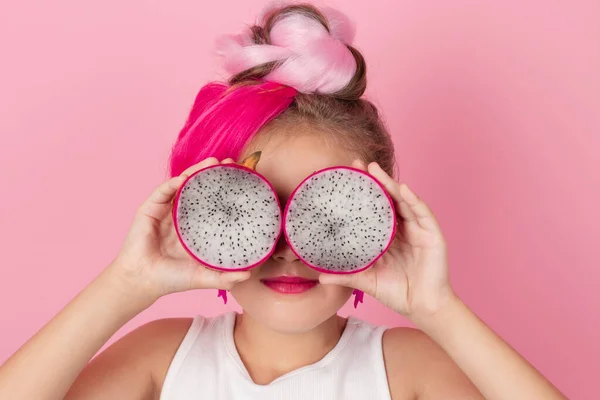 Close Portrait Pretty Girl Pink Hairstyle Dragon Fruit Pink Background —  Fotos de Stock