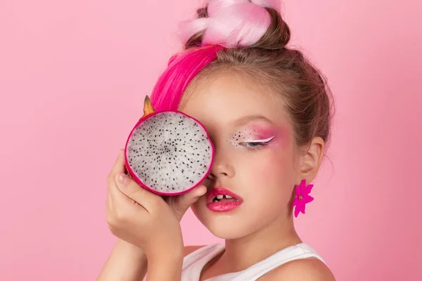 Close Portrait Pretty Girl Pink Hairstyle Dragon Fruit Pink Background —  Fotos de Stock