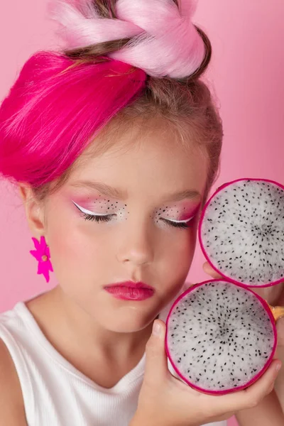 Close Portrait Pretty Girl Pink Hairstyle Dragon Fruit Pink Background —  Fotos de Stock