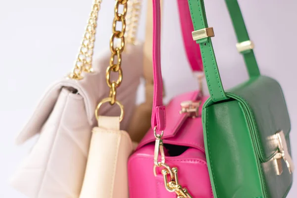 Woman Hand Holding Set Colorful Bags Product Composition Photography Handbag — Foto Stock