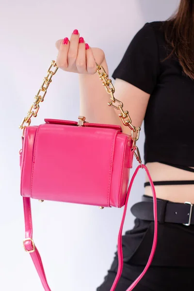 Womans Hand Holding Pretty Little Pink Handbag Product Photography Stylish — Stock Photo, Image
