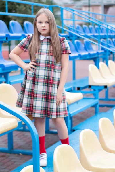 Pretty Girl School Dress Uniform Blue Yellow Tribune School Stadium — 图库照片