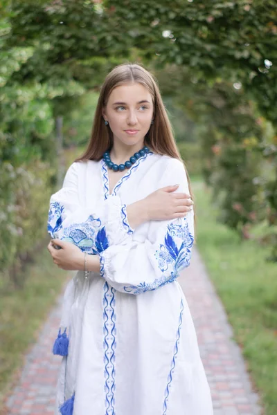 Ukrainian Blonde Girl National Blue Dress Embroidered Shirt Young Woman — Stock Photo, Image