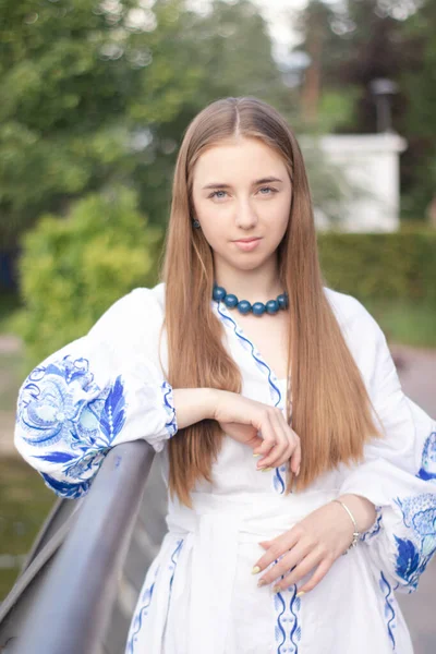 Portrait Young Woman Wearing Blue National Traditional Embroidered Shirt Pretty — Zdjęcie stockowe