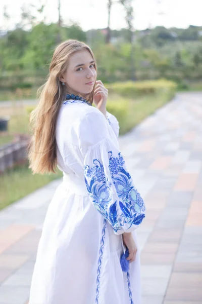 Προσωπογραφία Νεαρής Γυναίκας Μπλε Παραδοσιακό Κεντημένο Πουκάμισο Όμορφη Κοπέλα Εξωτερική — Φωτογραφία Αρχείου
