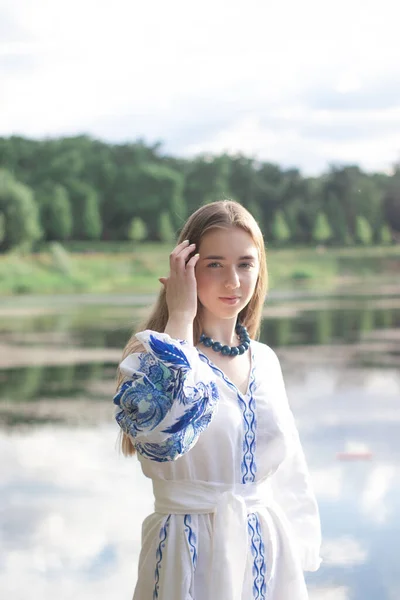 Portrait Young Ukrainian Woman Dressed Blue National Traditional Embroidered Shirt — Fotografia de Stock