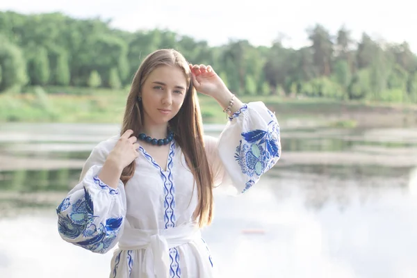 Portrait Young Woman Wearing Blue National Traditional Embroidered Shirt Pretty — Foto de Stock