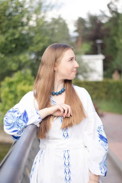 Ukrainian Blonde Girl National Blue Dress Embroidered Shirt Young Woman — Photo