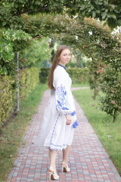 Porträt Einer Jungen Ukrainerin Blauem Traditionell Besticktem Nationalhemd Park — Stockfoto