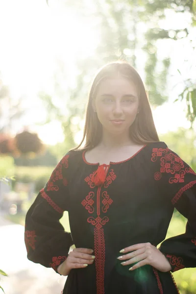Portrait Young Woman Wearing Black Red Vyshyvanka National Embroidered Ukrainian ストック画像