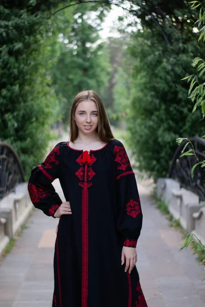Portrait Young Woman Wearing Black Red Vyshyvanka National Embroidered Ukrainian — 스톡 사진