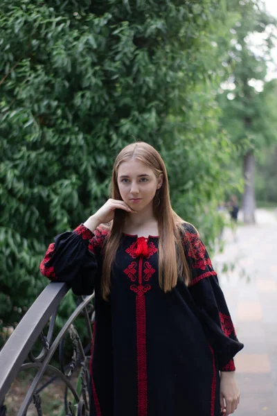 Retrato Jovem Mulher Vestindo Vyshyvanka Preto Vermelho Camisola Ucraniana Bordada — Fotografia de Stock