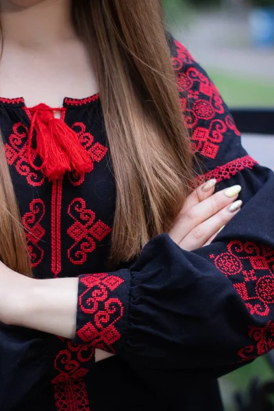 Close National Traditional Ukrainian Clothes Details Woman Embroidered Dress Unrecognizable — Fotografia de Stock