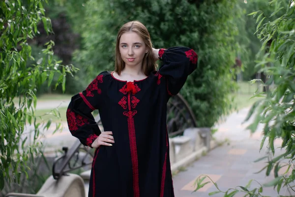 Girl National Traditional Ukrainian Clothes Black Red Embroidered Dress Woman — Stock Photo, Image