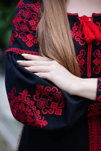 Close National Traditional Ukrainian Clothes Details Woman Embroidered Dress Unrecognizable — Foto de Stock