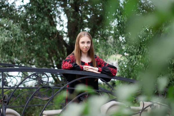 Nakışlı Ulusal Kırmızı Siyah Elbiseli Büyüleyici Ukraynalı Genç Bayan Parkta — Stok fotoğraf