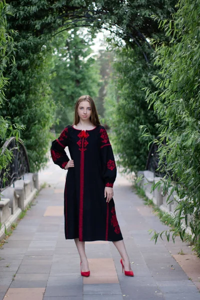 Nakışlı Ulusal Kırmızı Siyah Elbiseli Büyüleyici Ukraynalı Genç Bayan Parkta — Stok fotoğraf