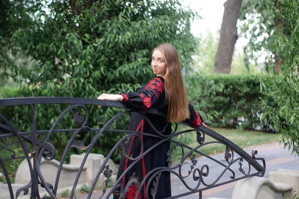 Girl National Traditional Ukrainian Clothes Black Red Embroidered Dress Woman — Stok fotoğraf