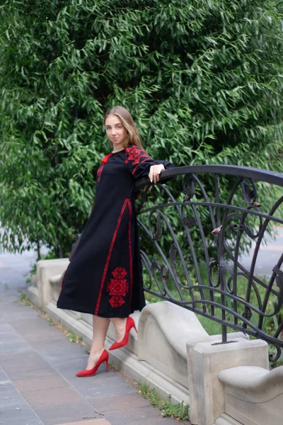 Portrait Young Woman Wearing Black Red Vyshyvanka National Embroidered Ukrainian — 스톡 사진
