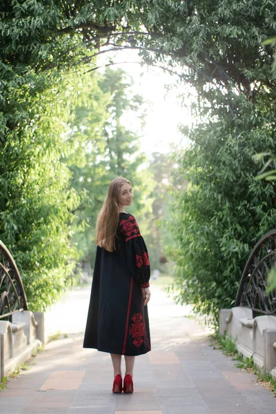 Girl National Traditional Ukrainian Clothes Black Red Embroidered Dress Woman — Stok fotoğraf