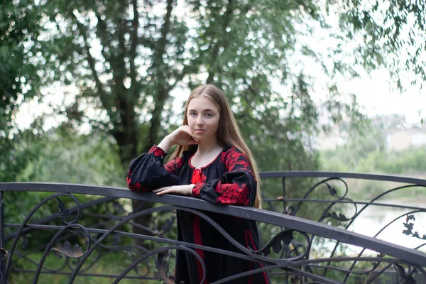 Дівчина Національному Традиційному Українському Одязі Чорно Червона Вишита Сукня Жінка Стокове Фото