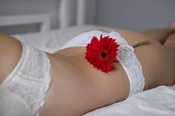 Cropped View Young Woman Lace Panties Flower Underwear Bed Epilate — Φωτογραφία Αρχείου