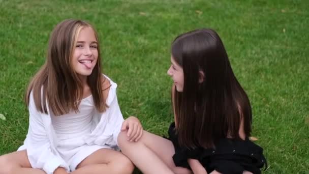 Happy Lucky Have Sister Two Girls Outdoors Black White Clothes — Stock video