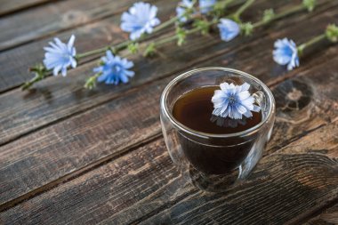 Kafeinsiz kahve içmenin termo cam şeffaf bardaktaki hindiba suyuna alternatif, kahverengi doğal ahşap ahşap masa üzerinde mavi çiçekli taze çiçek veren hindiba kökleri. Boşluğu kopyala.
