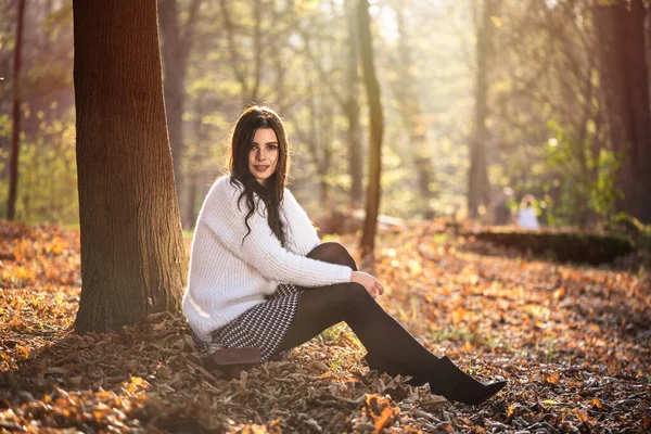 Beautiful Woman Sitting Tree Autumn Park Soft Monastic Light Illuminates — Stock Photo, Image
