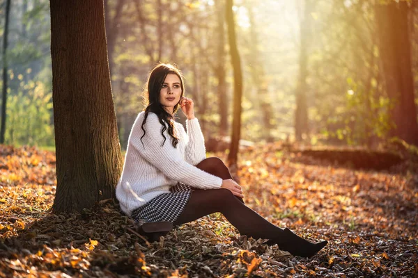 秋の公園の木の近くに座っている美しい女性 柔らかい出家衆の光が自然を照らす 秋の気分 — ストック写真