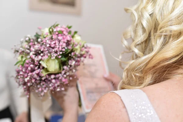 Bride Checks Marriage Certificate View Ceremony Registry Office Wedding Day — Stock Photo, Image