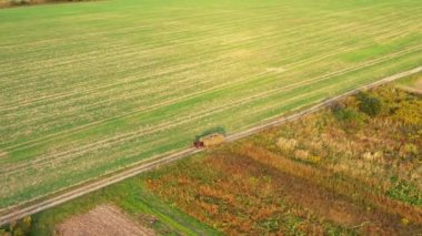 Bir grup insan, kırsal alanda kuru saman dolu ahşap bir yük arabasında yol alıyor. Hava Aracı görünümü