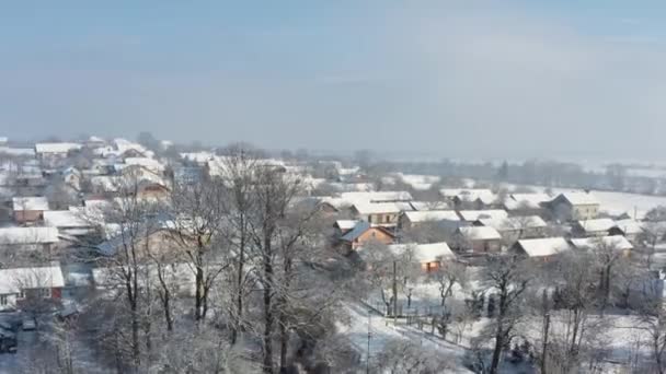 Avión Drone Paisaje Paisaje Invierno Rural Casas Cubiertas Nieve Blanca — Vídeos de Stock