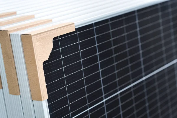 Set Black Solar Panels Ready Installation Rooftop Solar Power System Stockfoto