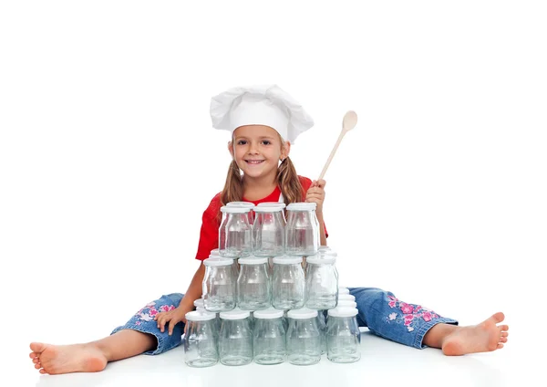Little chef girl ready for the autumn canning — Stok fotoğraf