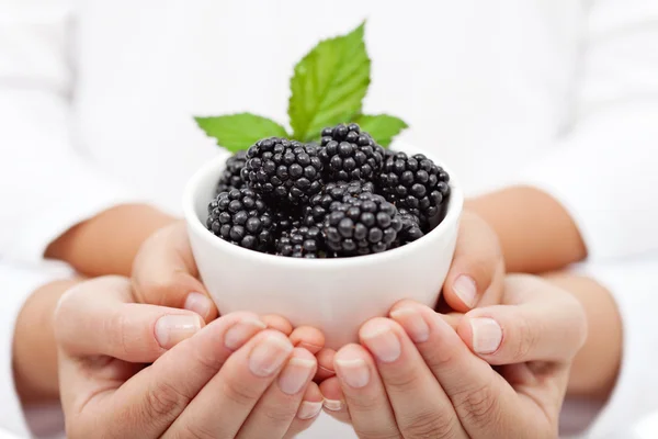 Manos de adulto y niño sosteniendo moras en un tazón — Foto de Stock