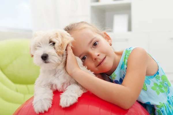 Niña jugando con su pequeño perro esponjoso — Foto de Stock