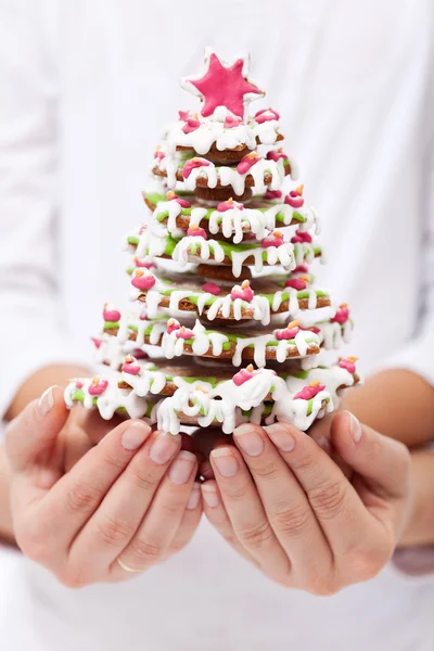 Mulher e criança mãos segurando pão de gengibre decorado natal tr — Fotografia de Stock