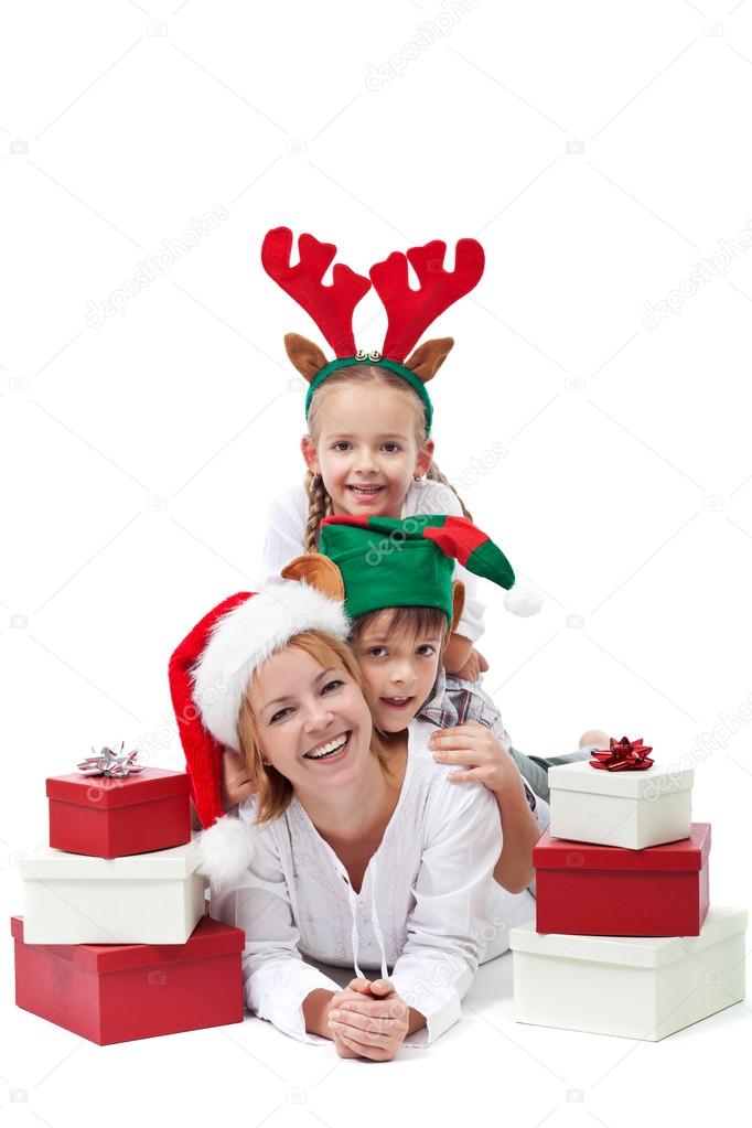Happy santa with elf and reindeer - christmas heap