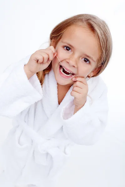 Little girl flossing — Stock Photo, Image