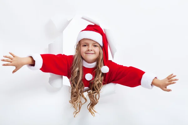 Happy santa girl opening the holidays season — Stock Photo, Image