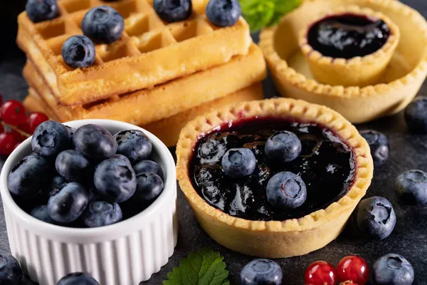 Delicious Summer Snacks Blueberry Jam Tarte Waffle Sweets Berries Table Stock Photo