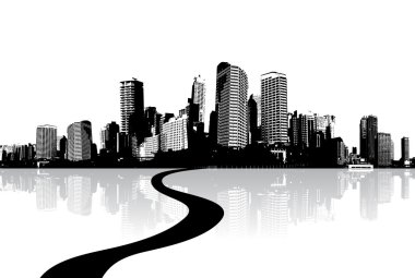 siyah-beyaz cityscape su yansıma ve yol.