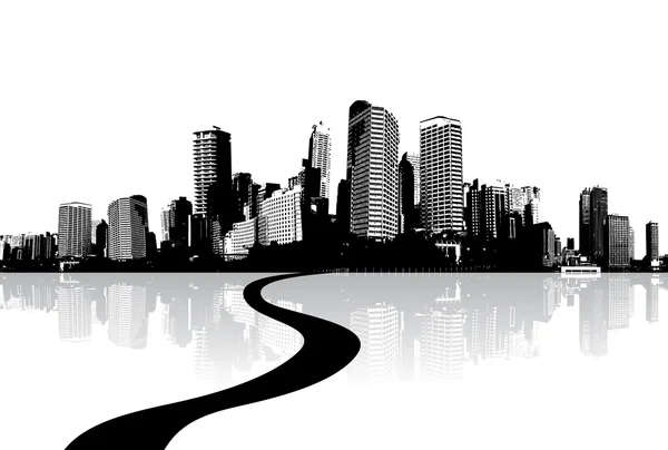 Schwarz-weißes Stadtbild mit Wasserspiegelung und Straße. — Stockvektor