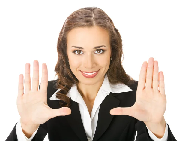 Mujer de negocios con gesto de stop, en blanco — Foto de Stock